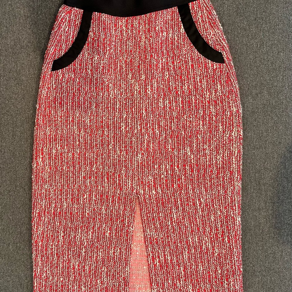 Maje Red and White Midi Pencil Skirt with Slit